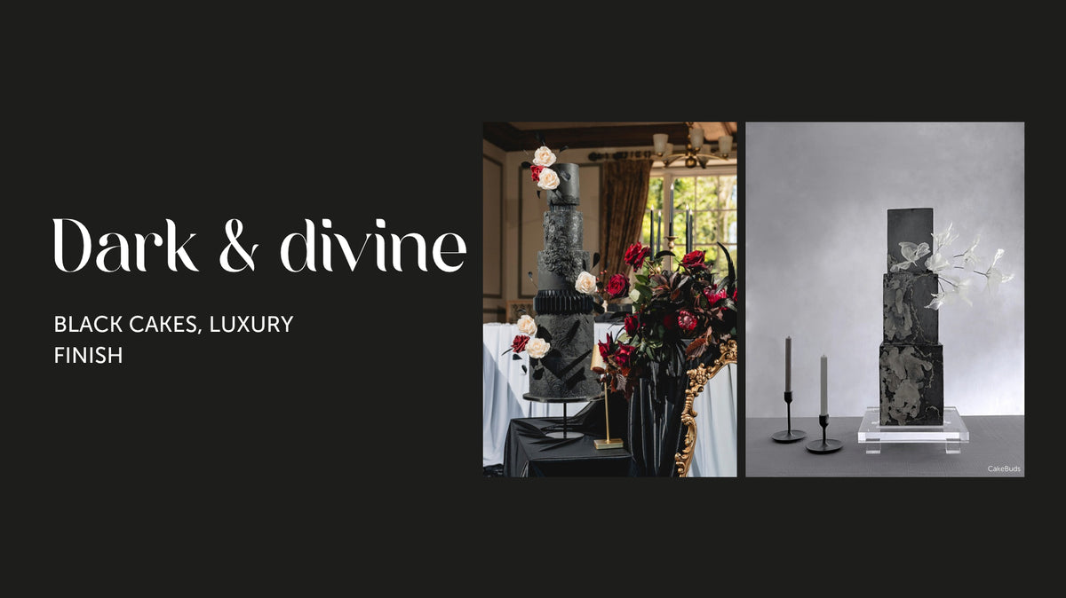 Dark and divine: a gothic black Halloween wedding cake and a textured black wedding cake on a dark background
