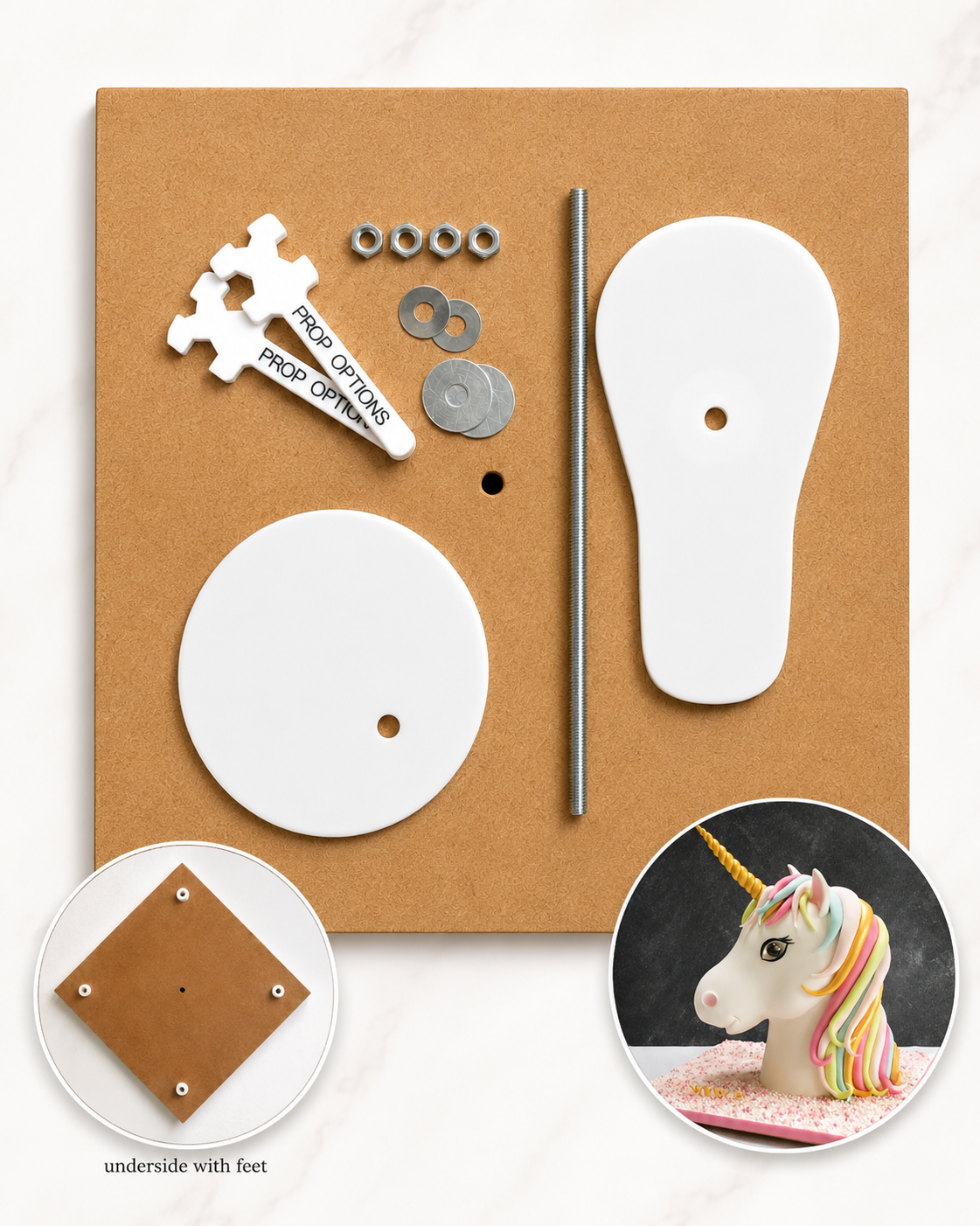Components to create unicorn cake structure with finished with finished cake image