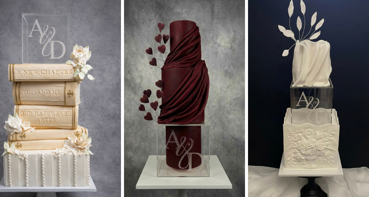 Personalised clear acrylic cake spacer styled three ways as a wedding cake centrepiece