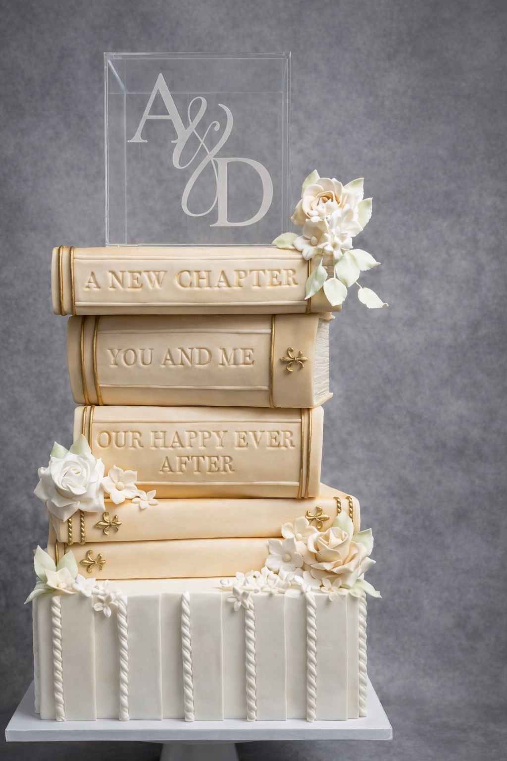 Personalised clear acrylic tier styled as a storybook wedding cake centrepiece with stacked book tiers