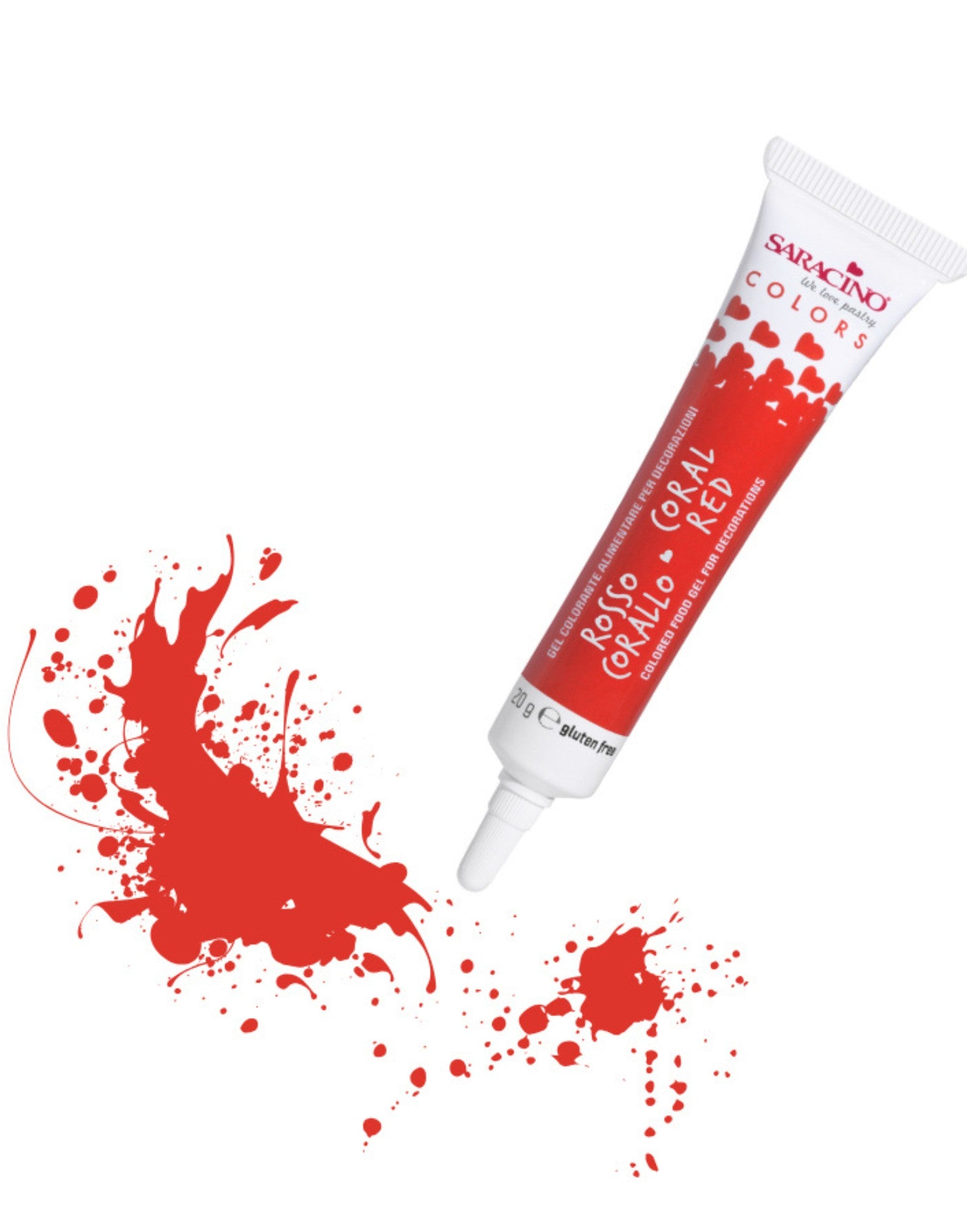 Red tube of hair color with splashes on a white background